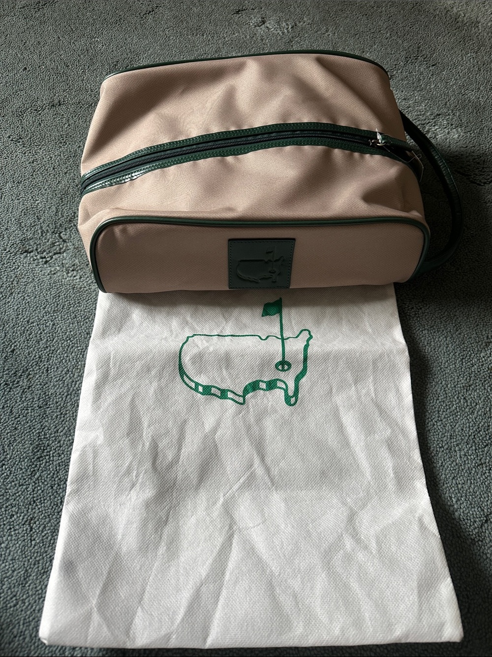 Masters Golf Augusta Green Tan Leather Shoe Bag With Dust Bag New W Tags RARE